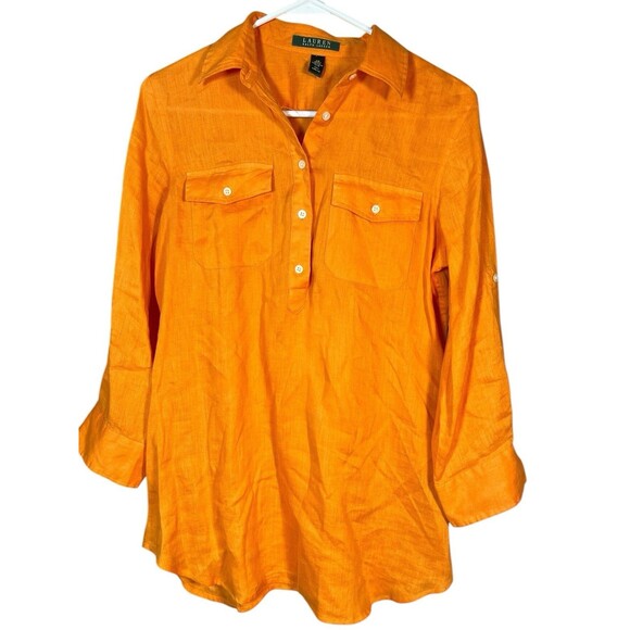 Lauren Ralph Lauren Tops - Ralph Lauren Linen Classic Beach Tunic Button Up Blouse Top - Sunset Orange XS